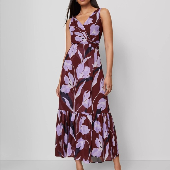 Ann Taylor Dresses & Skirts - Ann Taylor Plum Floral Wrap Maxi Dress with Lavender Blooms